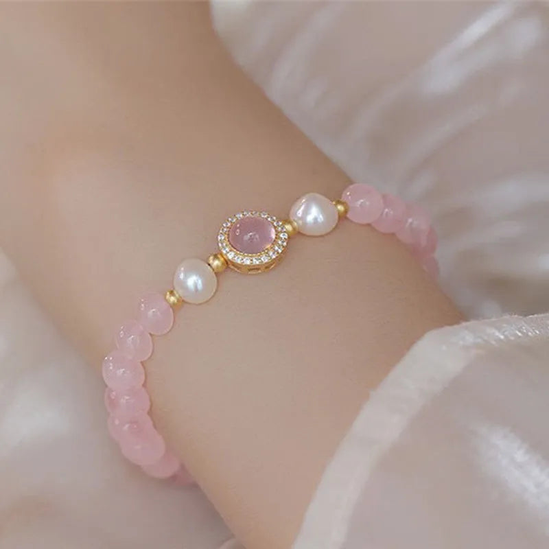 Women's aquamarine crystal bracelet with round natural pink crystal beads, light luxury style, handmade jewellery