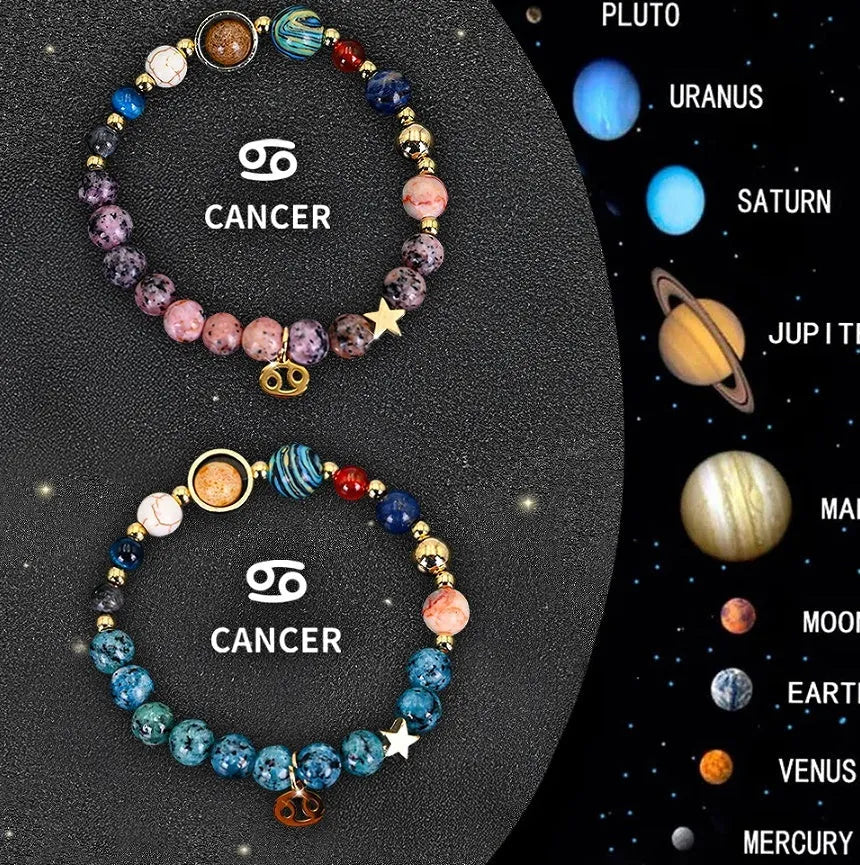 Two natural stone beaded zodiac bracelets with adjustable cords on a wooden surface.