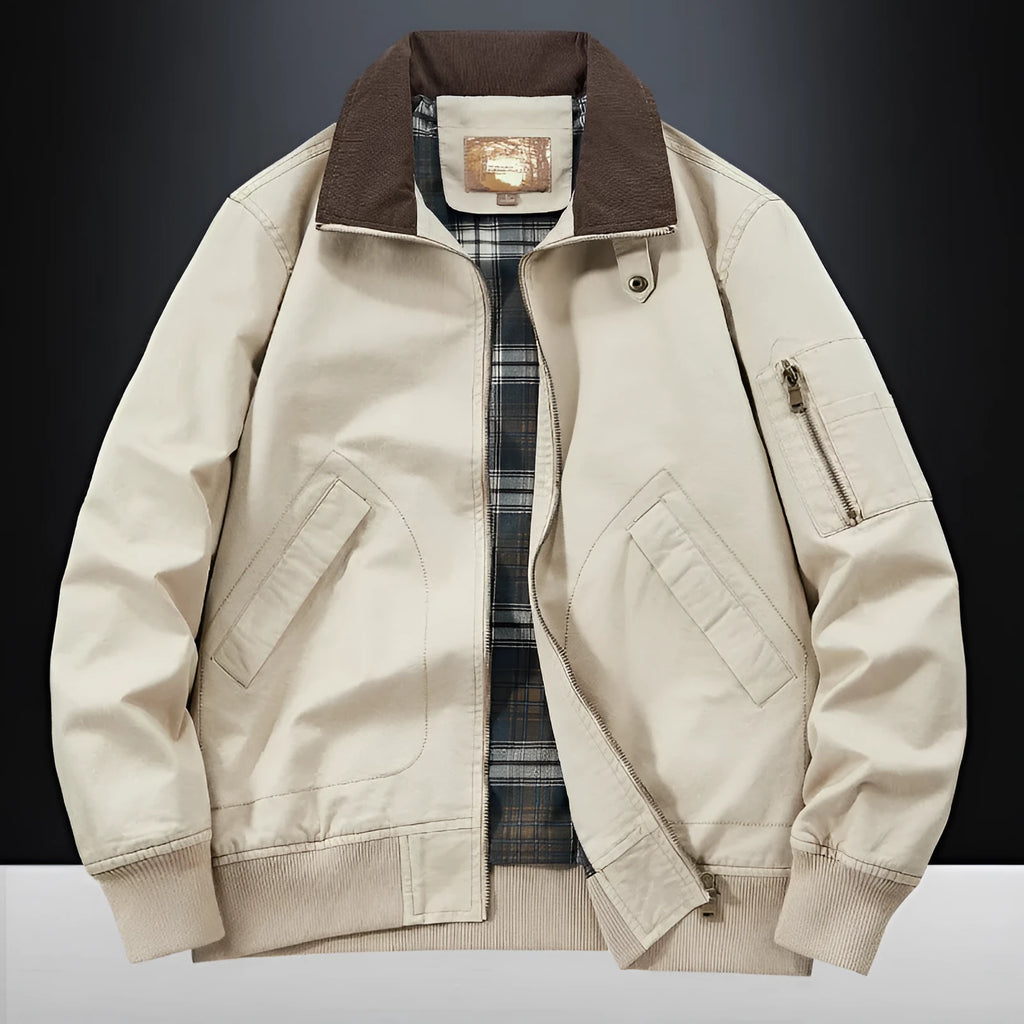 Men's camel washed cotton baseball jacket with a zip front and ribbed cuffs.