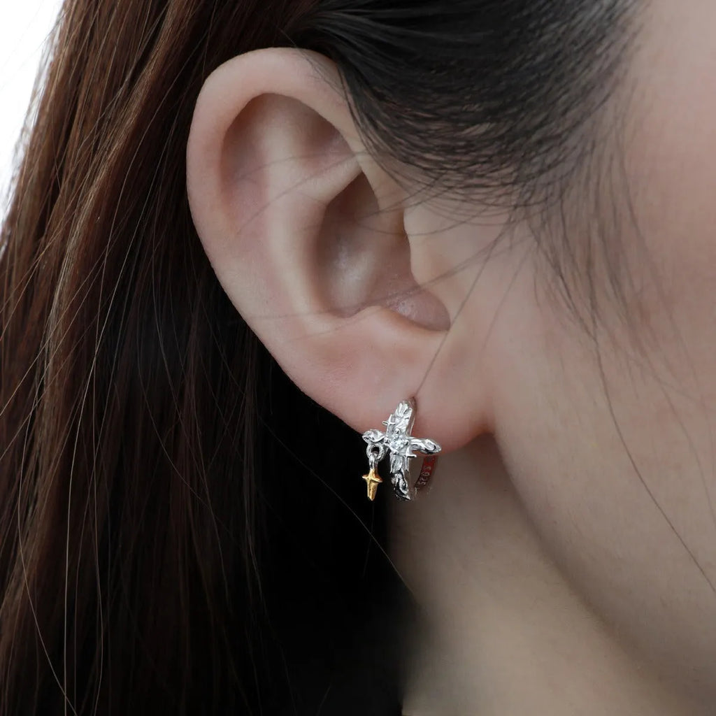 925 sterling silver geometric cross earrings with white gold colour electroplated finish and round decorative elements