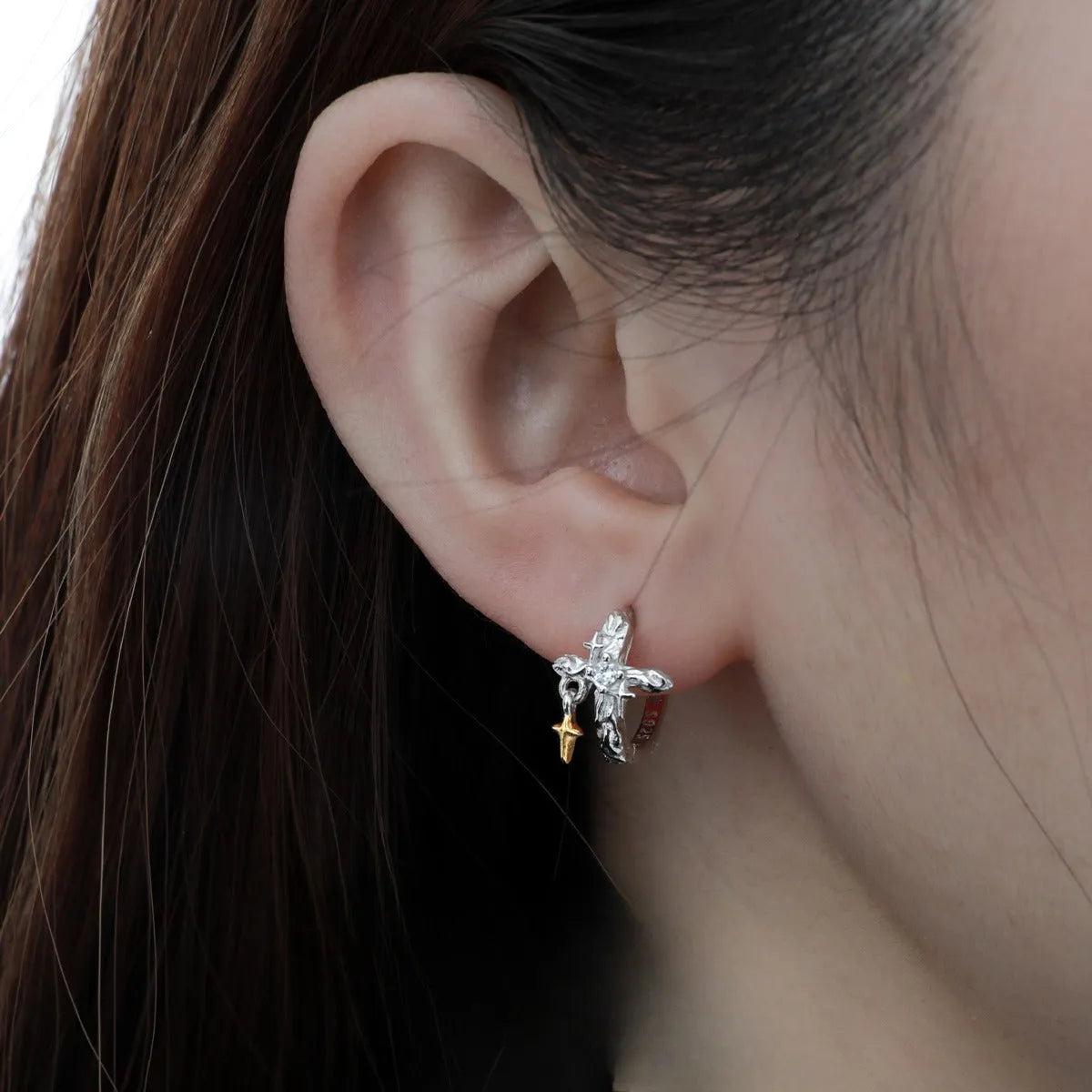 925 sterling silver geometric cross earrings with white gold colour electroplated finish and round decorative elements