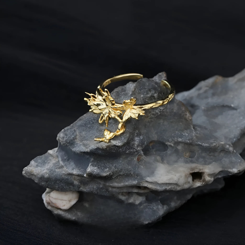 Silver butterfly ring with adjustable opening in electroplated gold finish