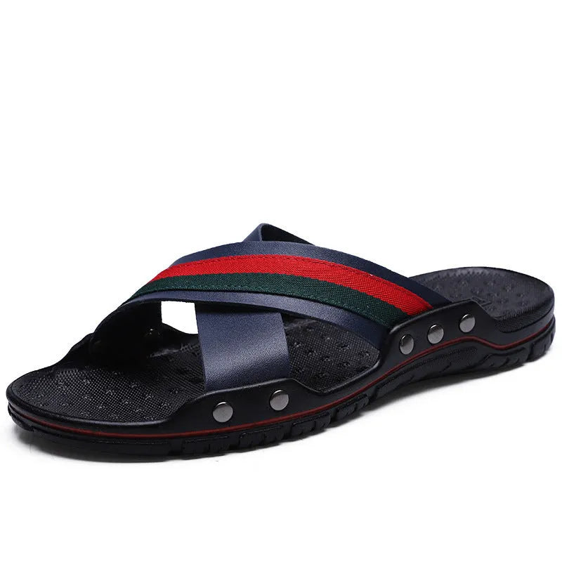 Men's black leather flip-flops on a white background, showing the cowhide upper strap and textured PU sole.