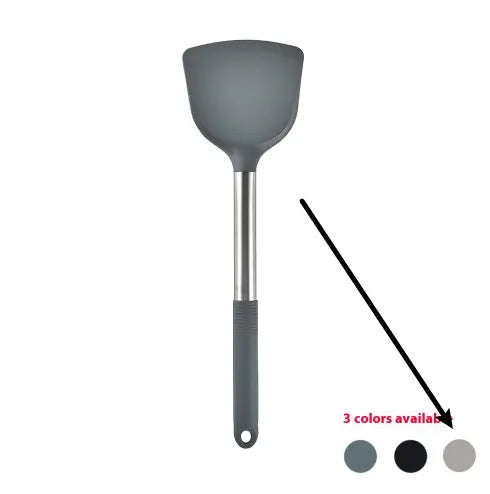 12 piece silicone kitchenware set with rotating storage bucket containing ladle spatula and clips