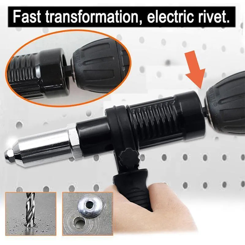 Electric drill rivet gun adapter with alloy steel body and four rivet heads on a workbench