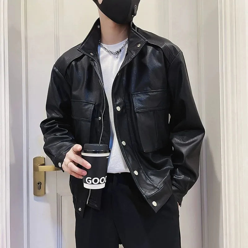 Men's black Korean-style pilot leather jacket with side pockets and straight hem