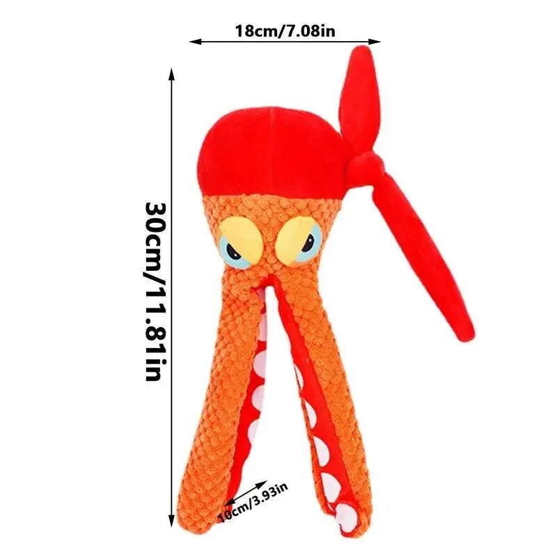 Orange octopus plush dog toy with squeaker for teeth cleaning, 20 cm length