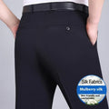 Men's straight-leg mulberry silk blend suit pants in dark blue on a hanger.