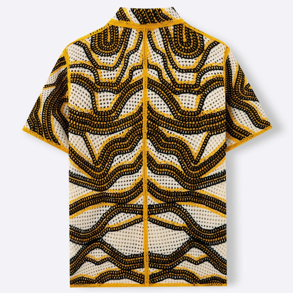 Khaki striped short sleeve cardigan with hand crocheted texture from American Texture
