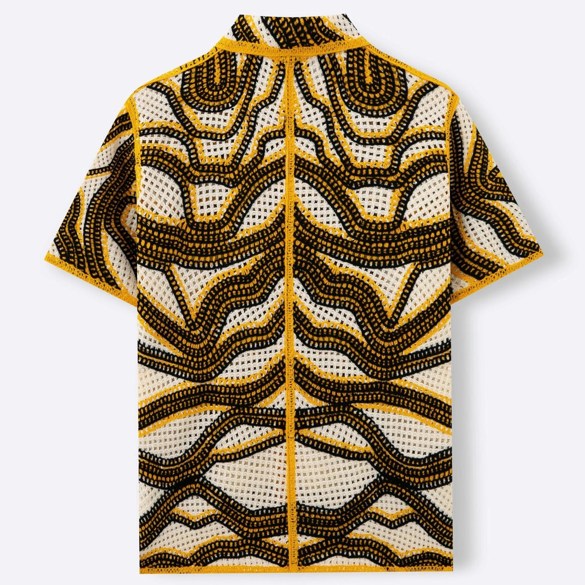 Khaki striped short sleeve cardigan with hand crocheted texture from American Texture