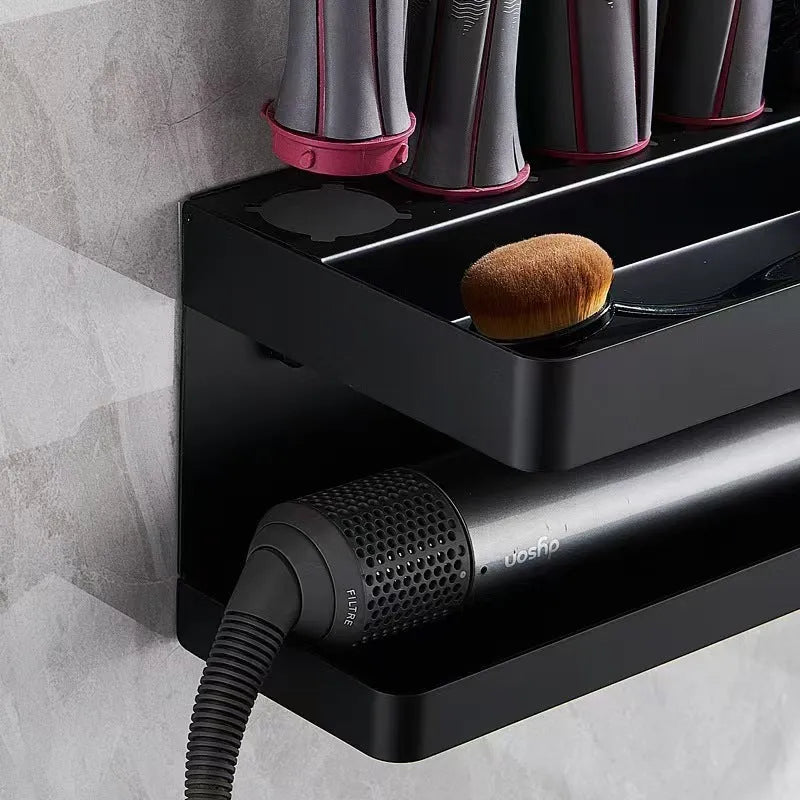 Black punch-free aluminium Marcel waver storage rack mounted on bathroom wall