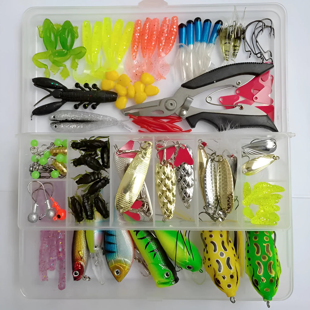 142-piece fishing lure suit with metal pliers and hard minnow lures featuring sequin accents