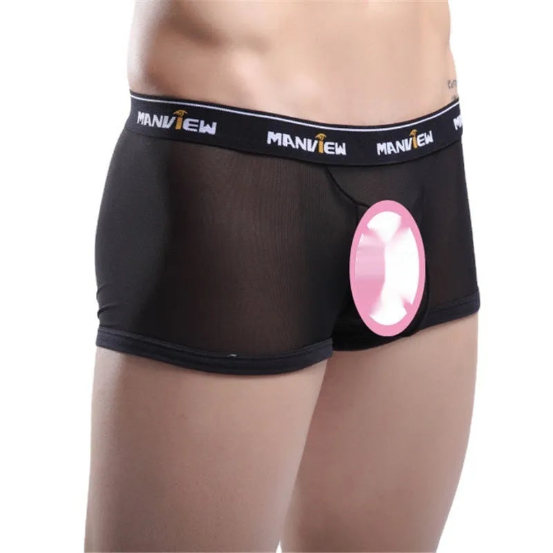 Breathable mesh boxer men's underwear in solid colour on white background.