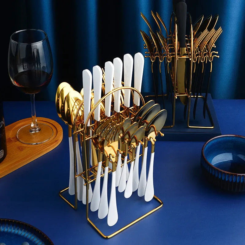 24-piece gold stainless steel dinnerware set with storage rack including knives forks spoons teaspoons
