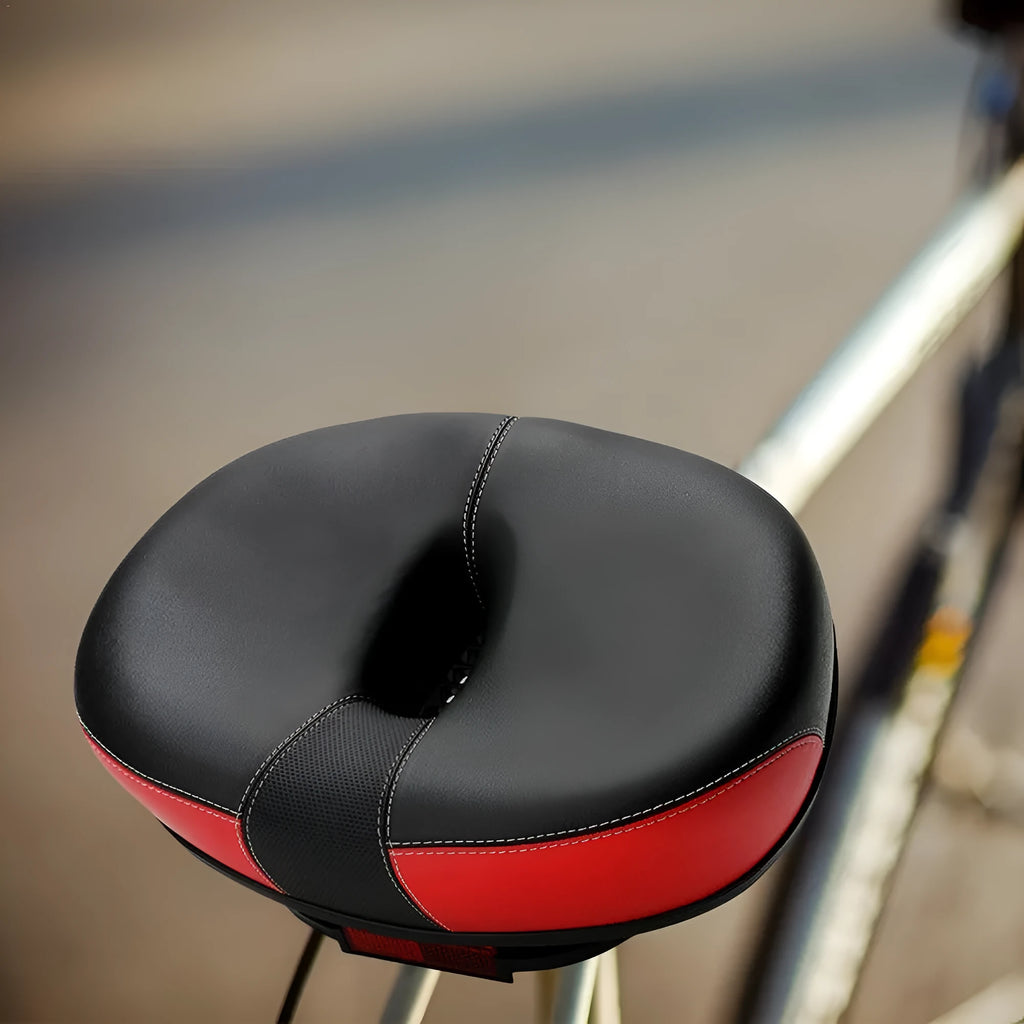 Thickened plus size bicycle saddle with PU pattern, reflective stickers, and steel frame