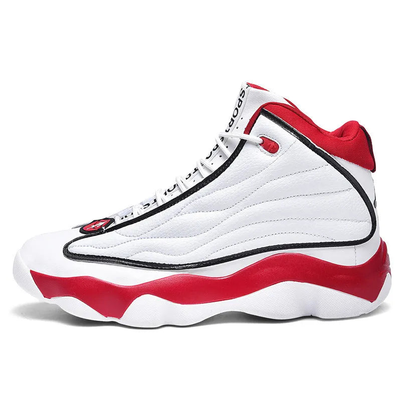 Men's high-top basketball shoes with thick rubber sole and mesh upper in white and red colourway.