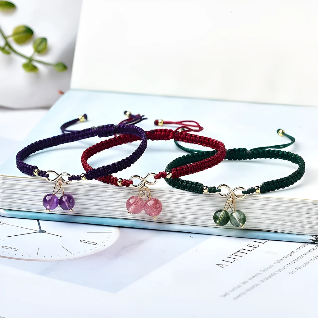 Women's natural strawberry quartz cherry bracelet with crystal beads and fruit-shaped design