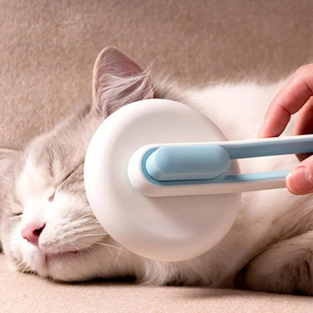 Pet grooming comb with stainless steel teeth, automatic massage, and one-button hair release in blue green and pink