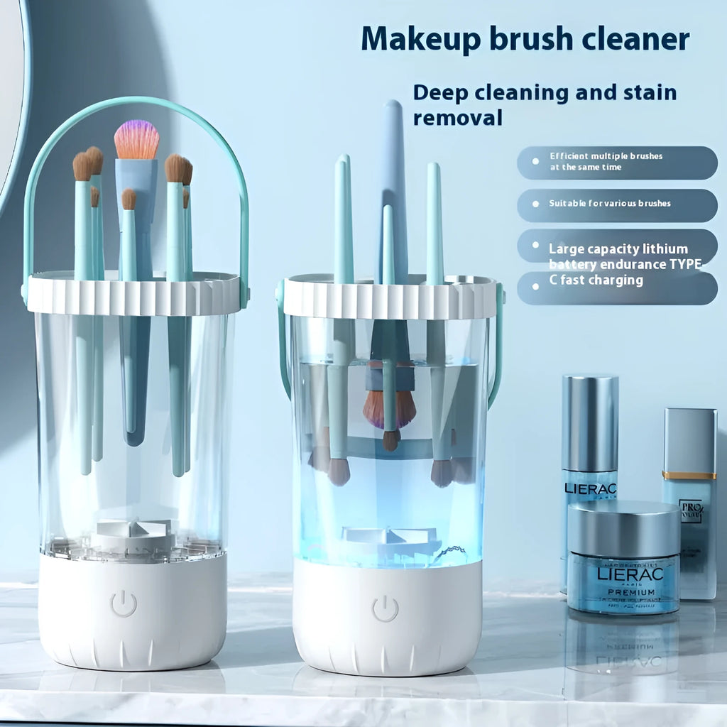 White rechargeable electric makeup brush cleaning station with automatic sanitising function