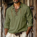 Men's loose fit long sleeve shirt with lace trim and lapels in a solid colour