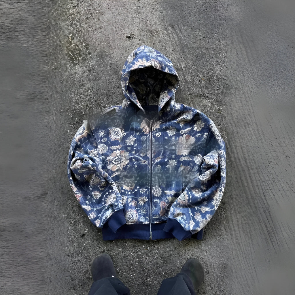 Men's loose zip hooded coat in polyester with digital printing, shown in red colour with hood up