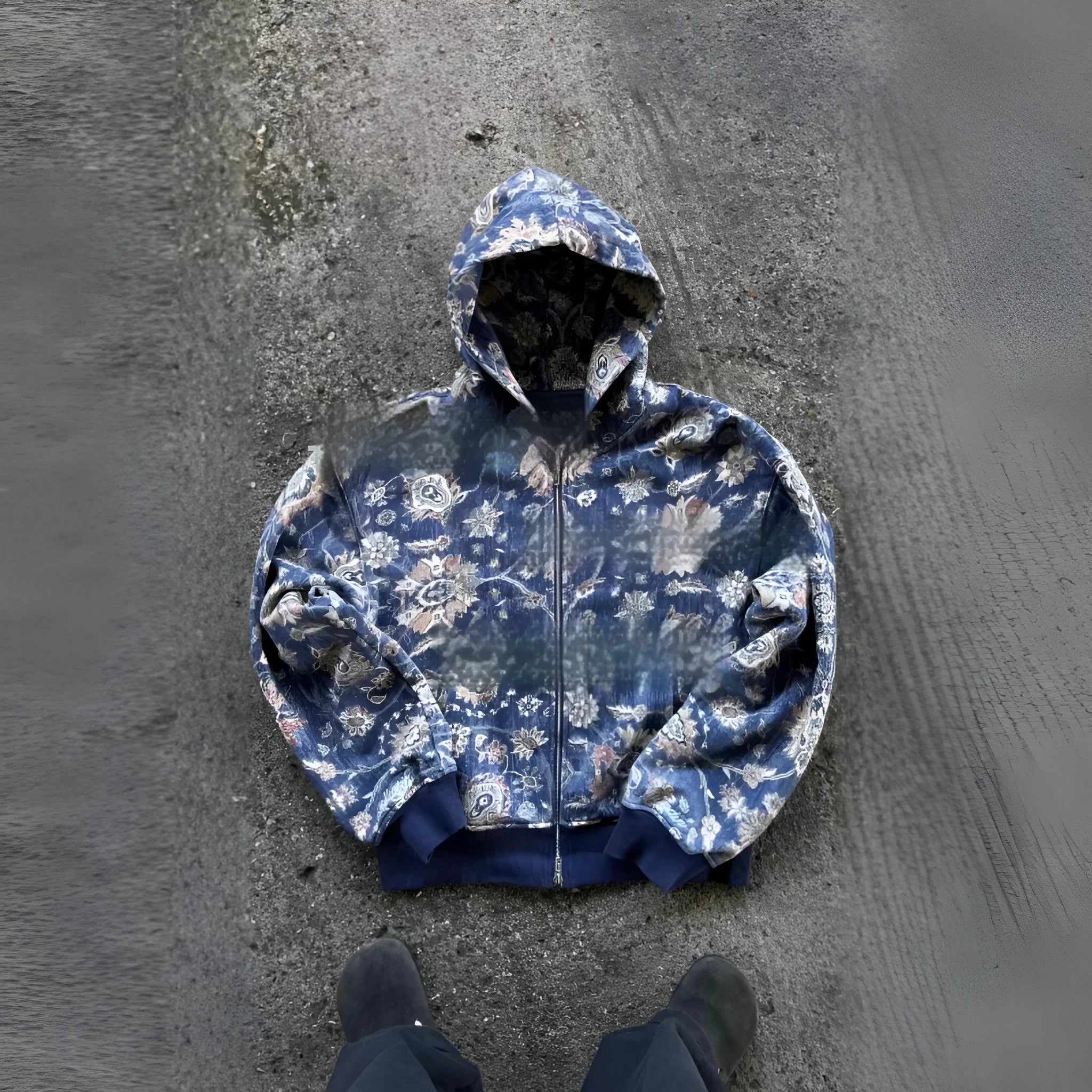 Men's loose zip hooded coat in polyester with digital printing, shown in red colour with hood up