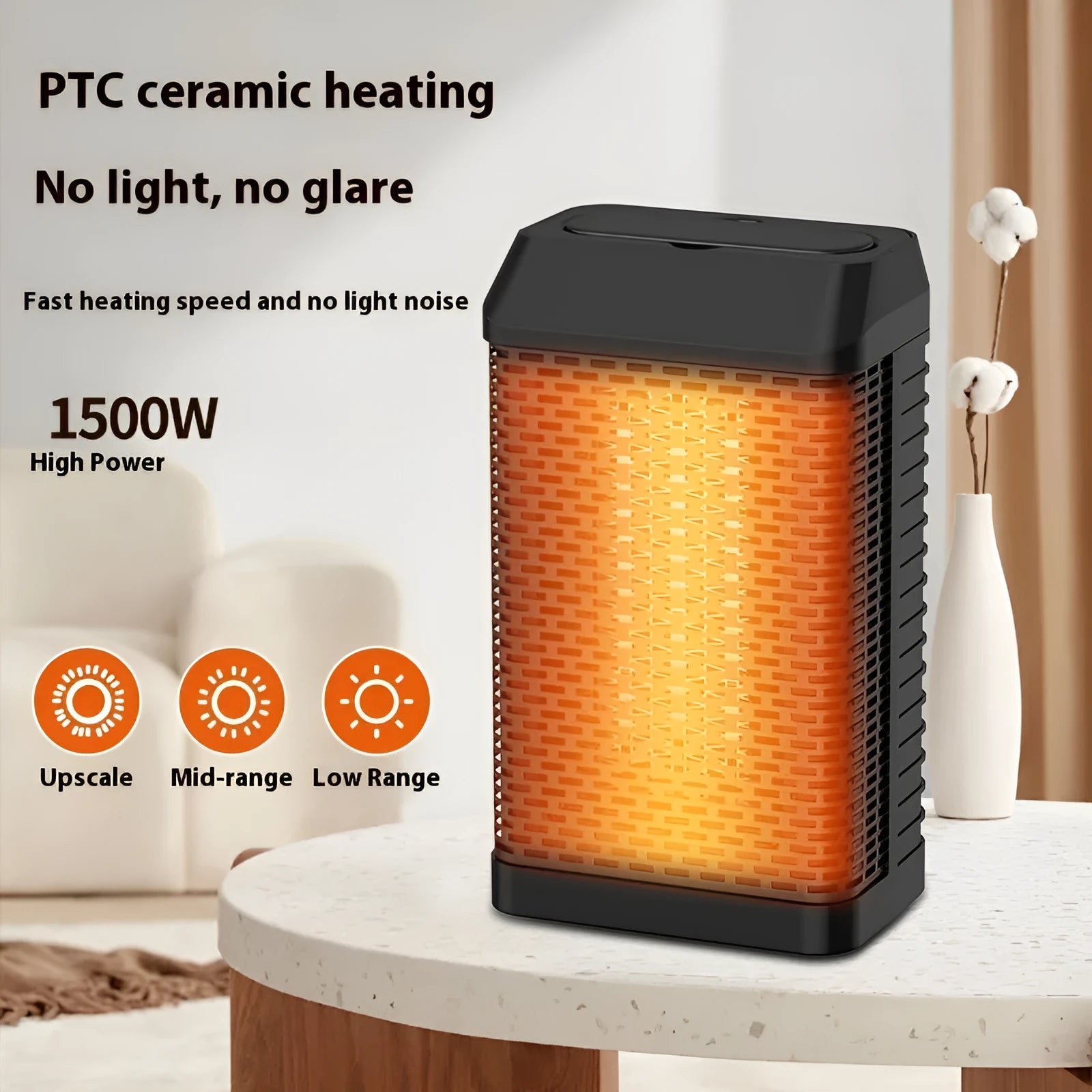 Black remote control desktop heater with compact design and shaking head air outlet