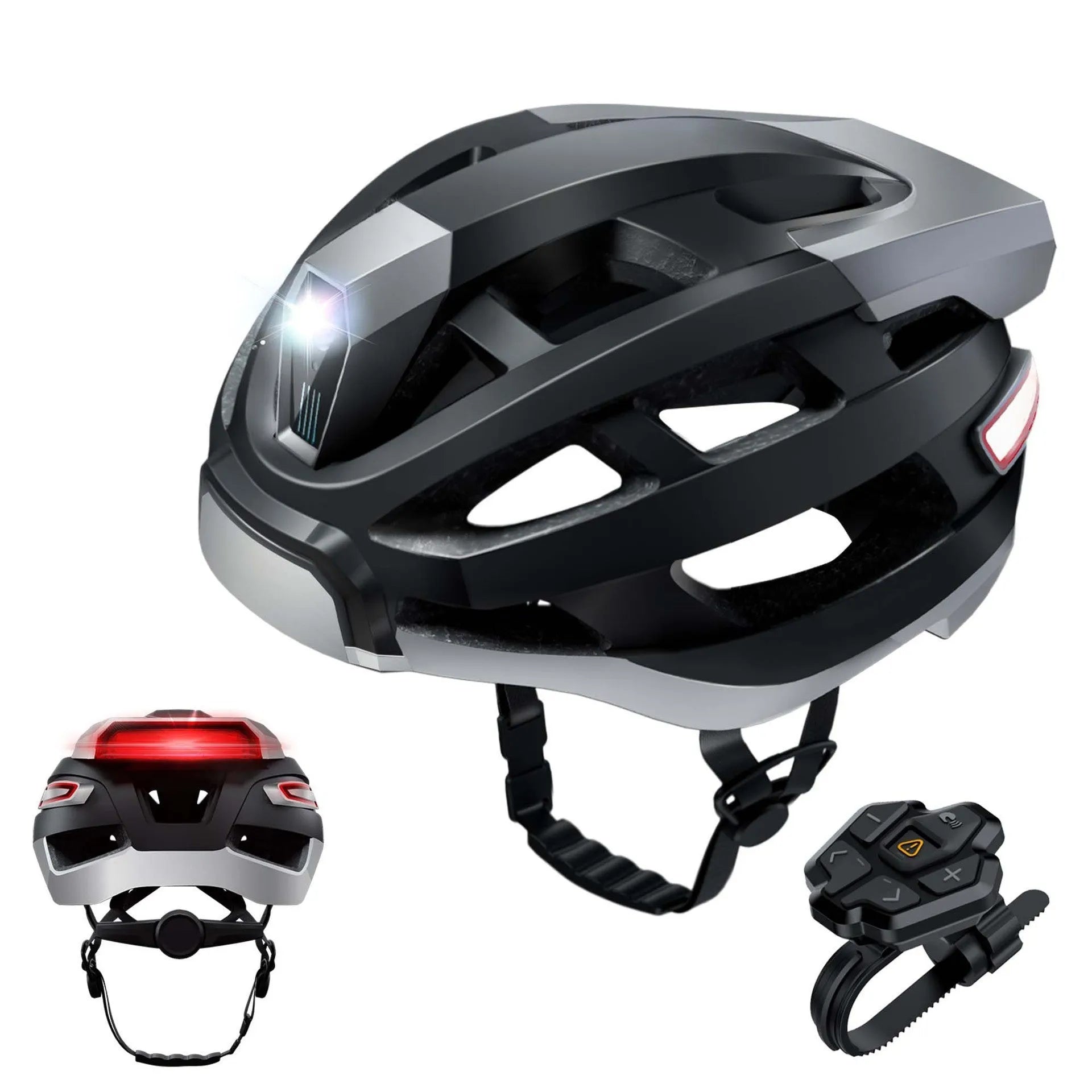 Smart Bluetooth warning light cycling helmet in black and gray, free size 57-62 cm, with integrated light and USB port.