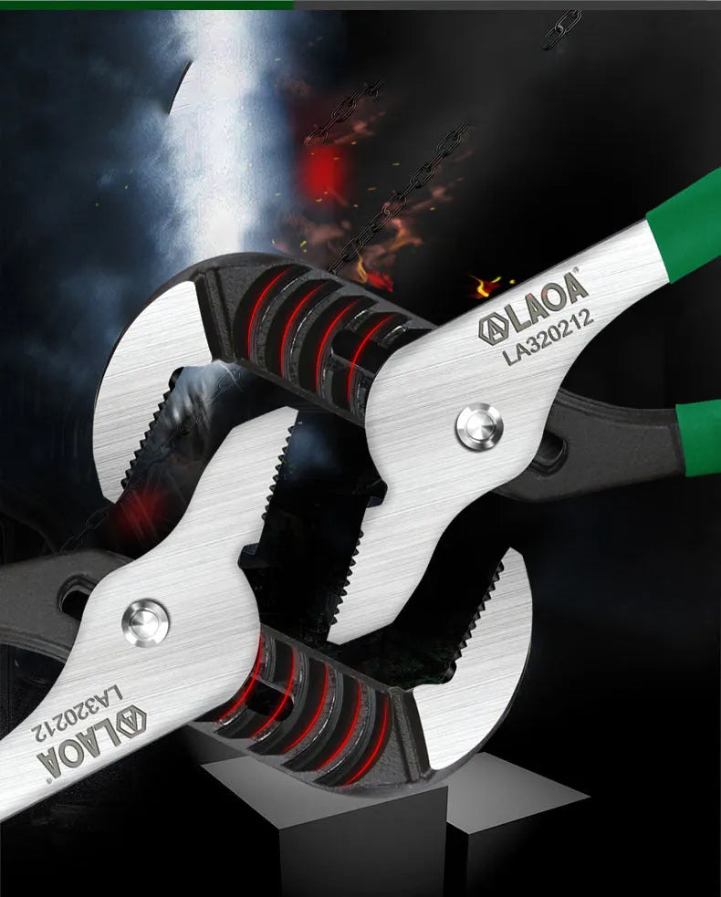 8 inch CR-V adjustable water pipe wrench with vinyl handle and deep teeth, open jaw showing multi-gear mechanism
