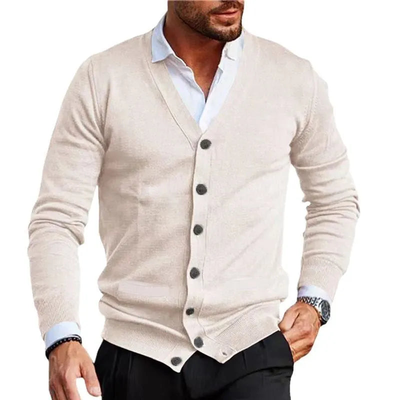 Men's slim fit acrylic cardigan in a dark grey colour, showing long sleeves and button front.