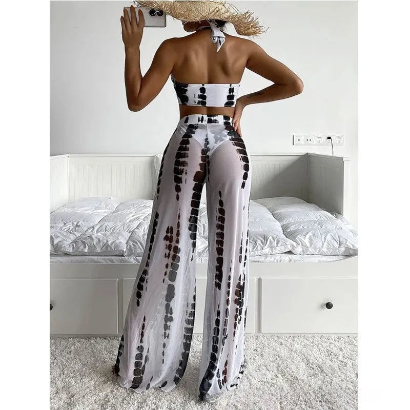 Women's black printing three-piece swimsuit set with mesh trousers, bikini top and underpants