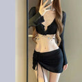 Women's long sleeve split bikini swimsuit in black polyester front view