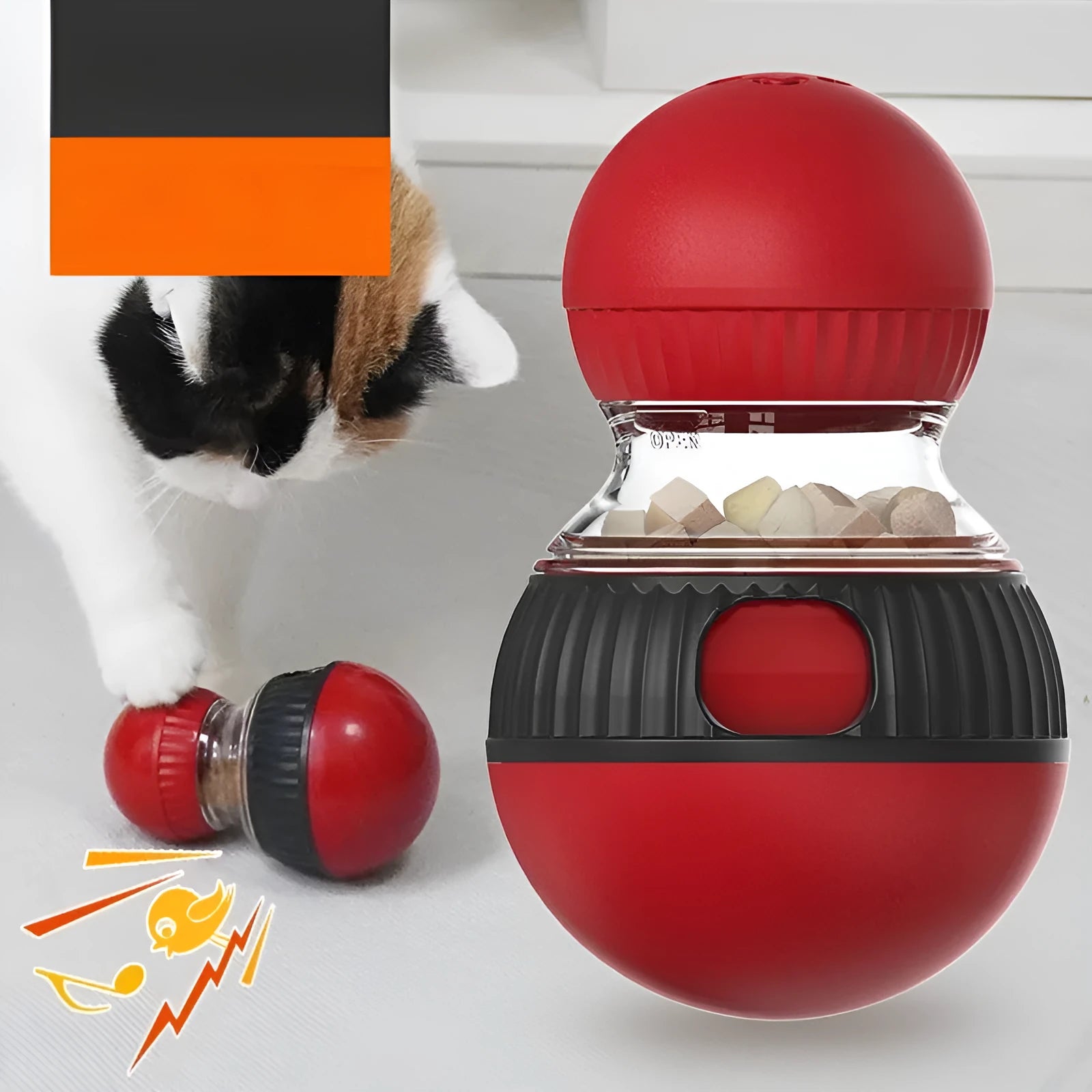 Plastic rotating cat toy with food dropping ball and sound super ball