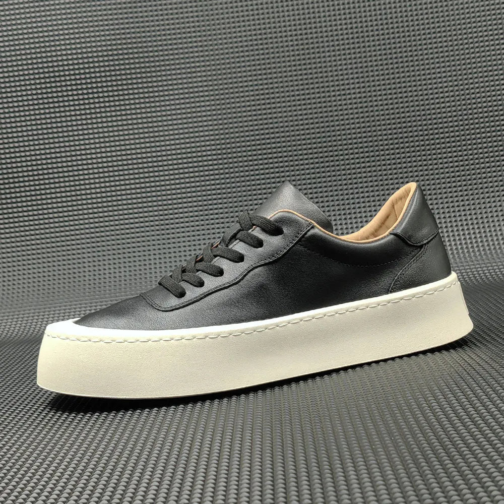 Boys first layer cowhide platform board shoes with thick rubber sole and height increase in black white yellow