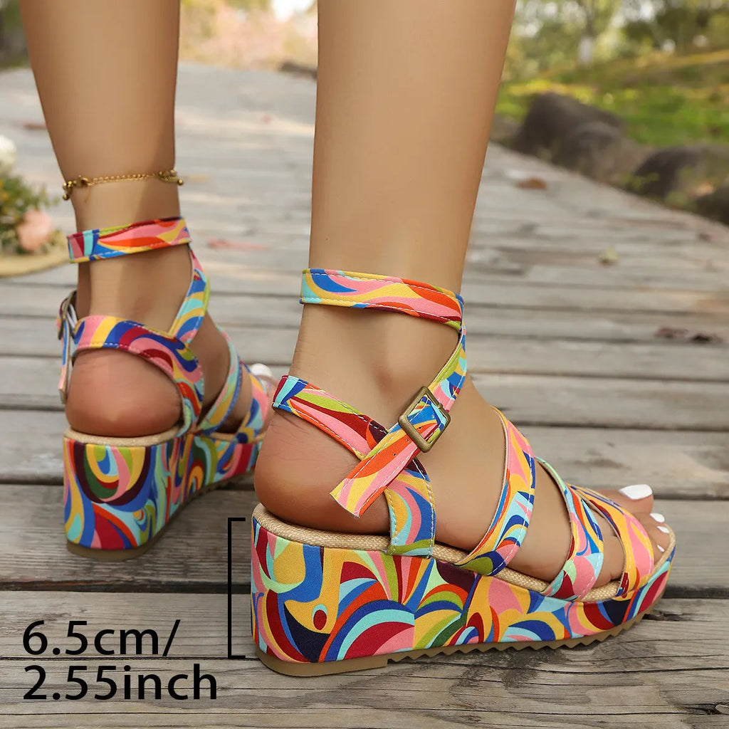 Women's buckle wedge sandals with PU upper and rubber sole in a neutral colour