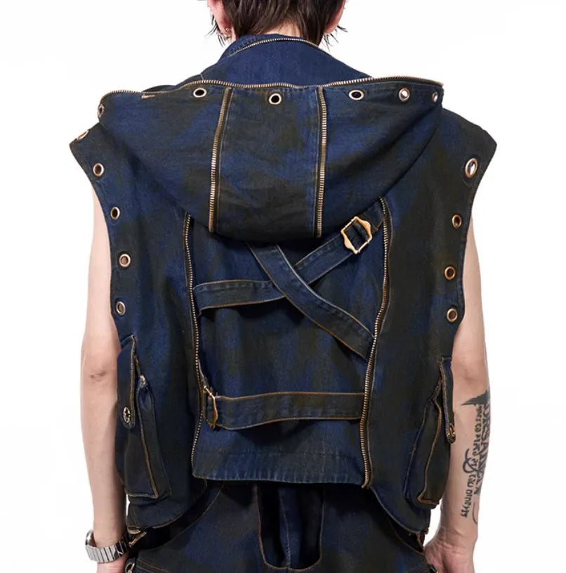 Blue hooded denim vest coat and matching trousers men's two-piece casual set