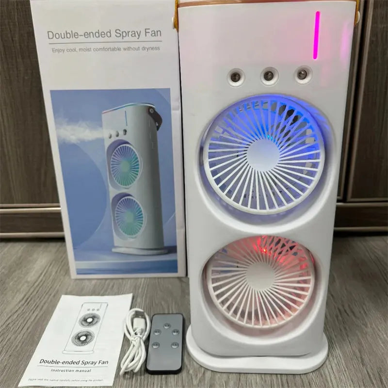 White double-ended spray fan with humidifying mist and remote control on a desk