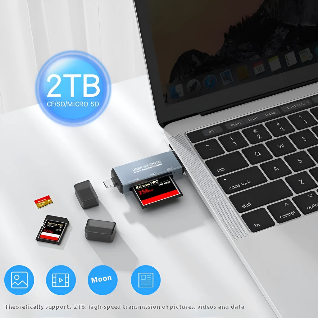Compact aluminium alloy CF SD TF three-in-one USB card reader on a white background