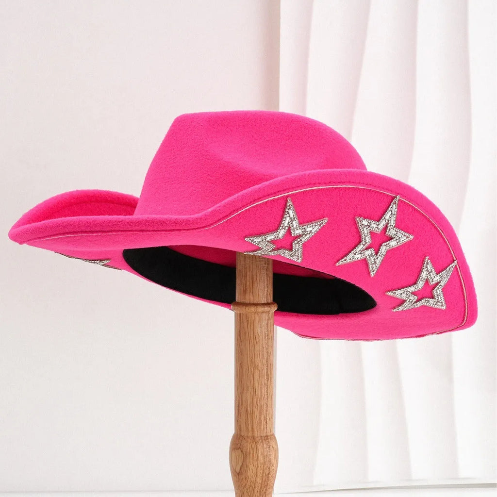 Woolen felt western denim top hat with conical crown and hexagonal star detail in M size 56-58cm.