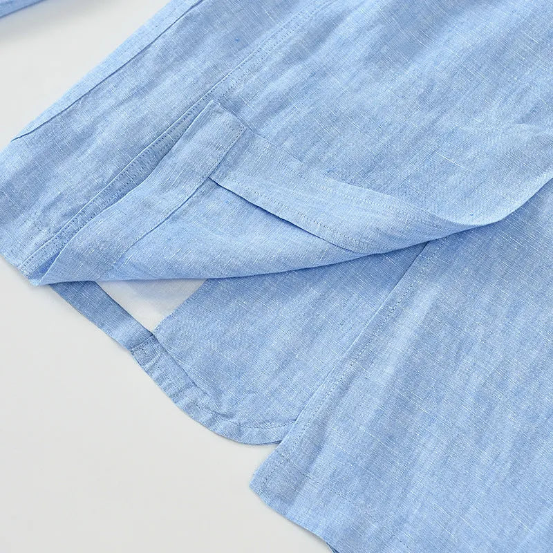 Men's linen suit thin coat in solid colour with side stick pockets, shown on a model, available in sizes S to 3XL.