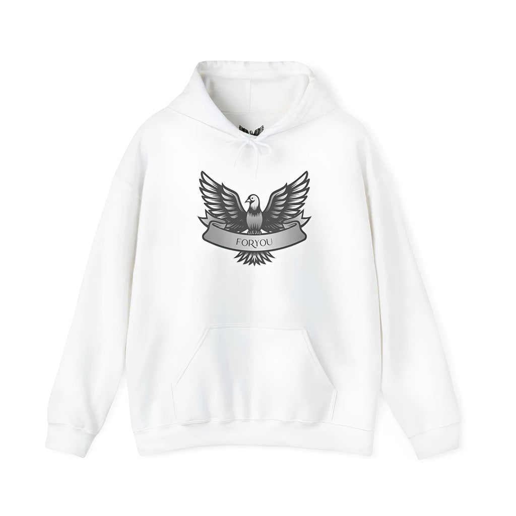 A solid colour cotton blend pullover hoodie for men and women on a hanger.