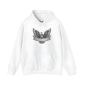 A solid colour cotton blend pullover hoodie for men and women on a hanger.