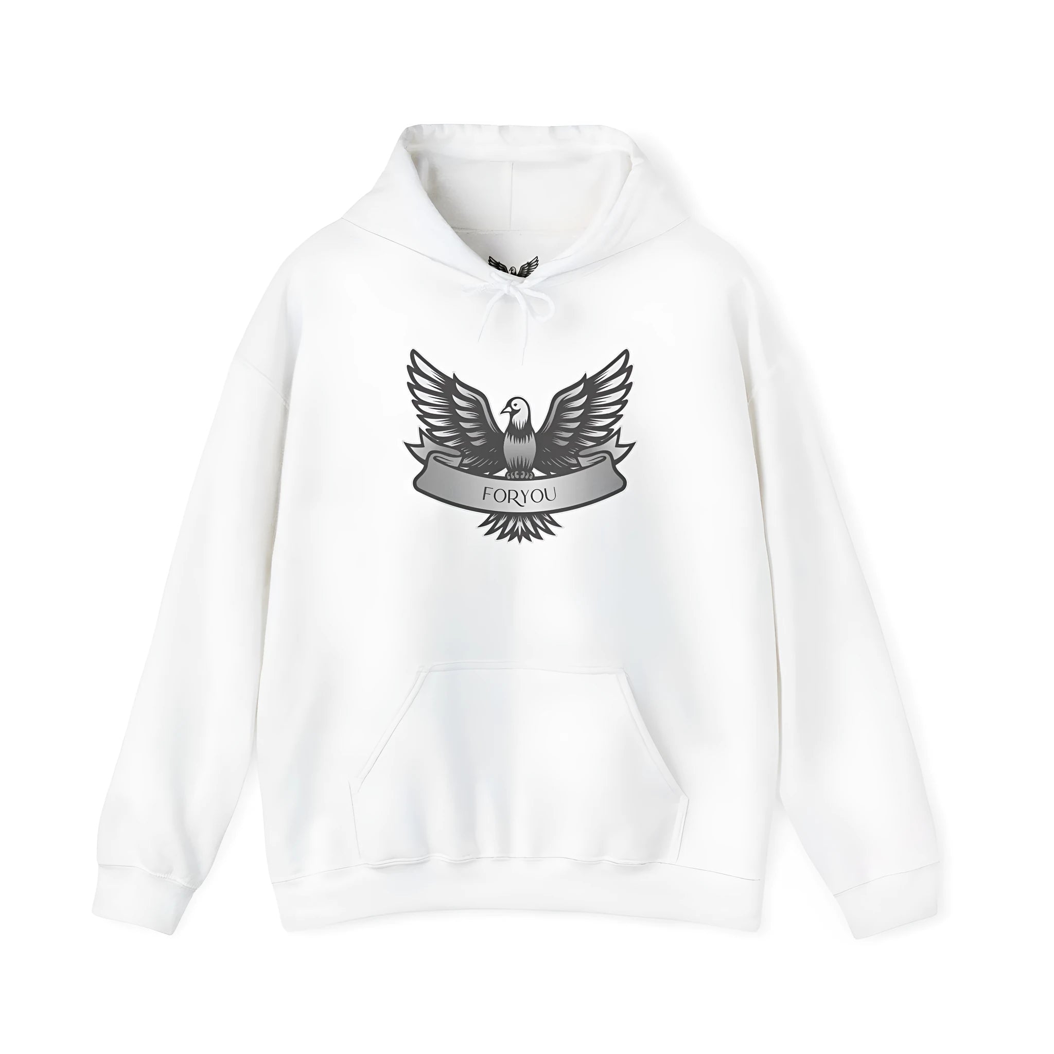 A solid colour cotton blend pullover hoodie for men and women on a hanger.