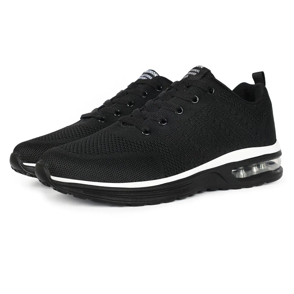 Casual flyknit breathable light running shoes in black with round toe and PU sole