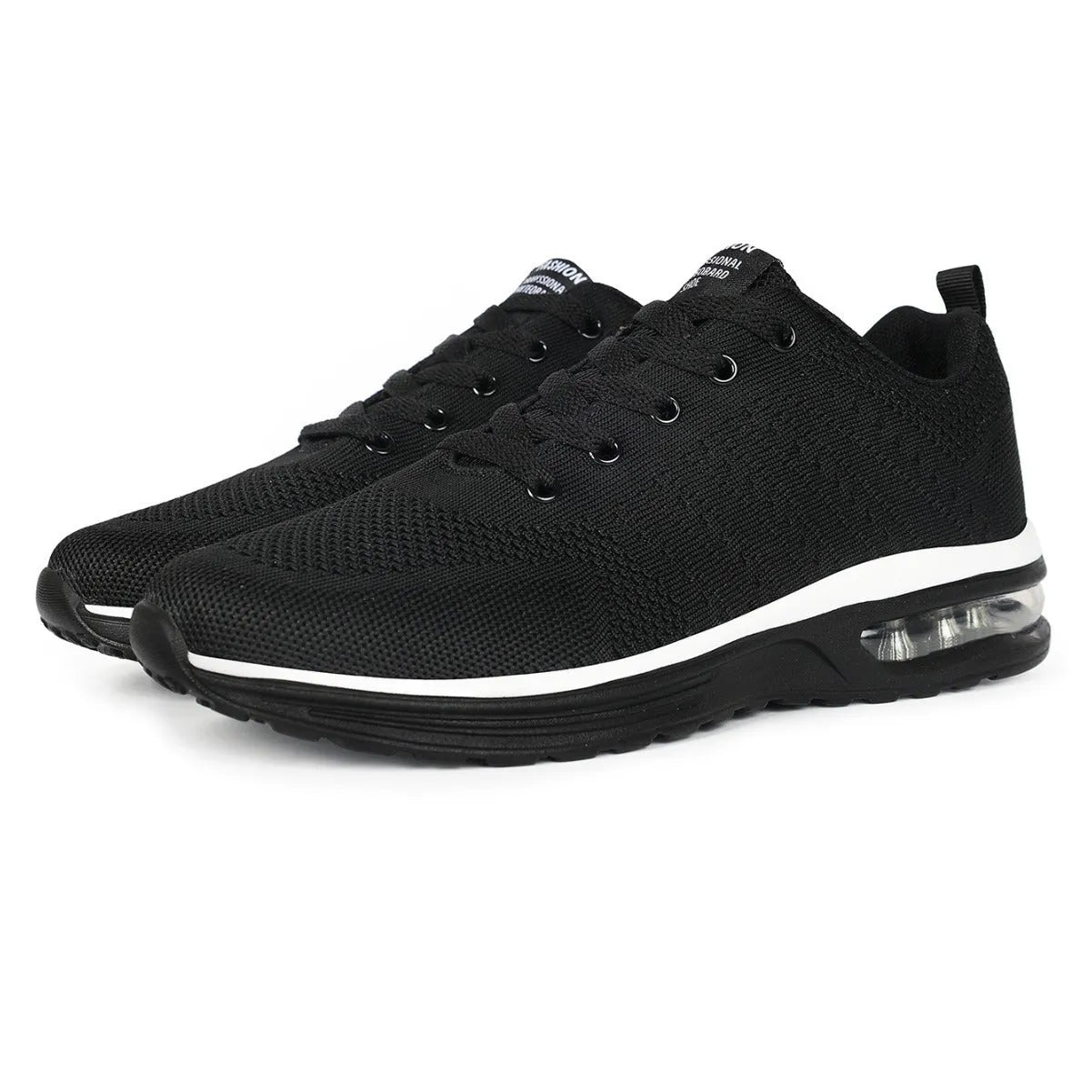 Casual flyknit breathable light running shoes in black with round toe and PU sole