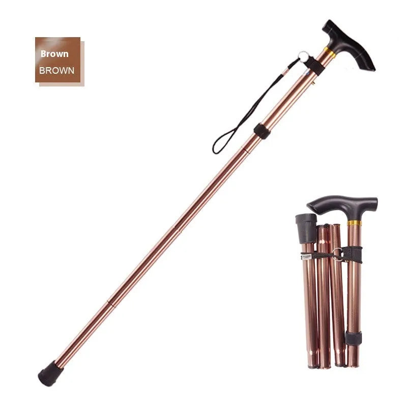 Aluminium alloy folding walking stick adjusted to show length, displayed in a choice of colours.