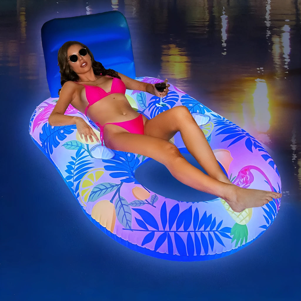 Inflatable water luminous floating bed with backrest recliner and built-in light in white luminous style on swimming pool water