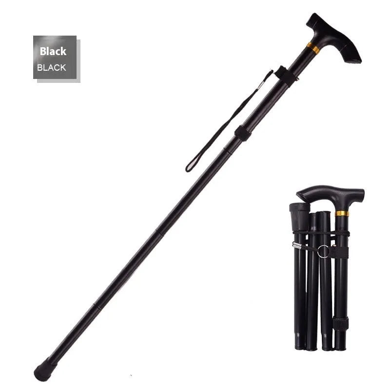 Aluminium alloy folding walking stick adjusted to show length, displayed in a choice of colours.