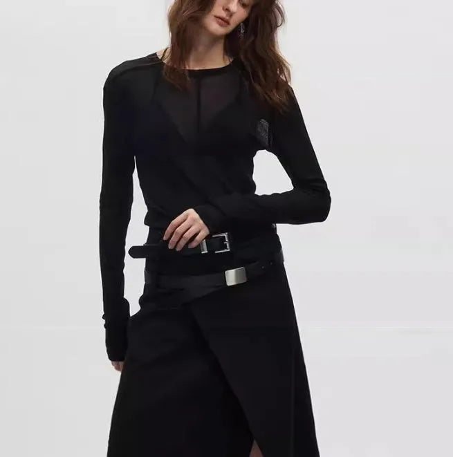 Black slim-fit women's mesh pullover with long sleeves and a see-through texture.