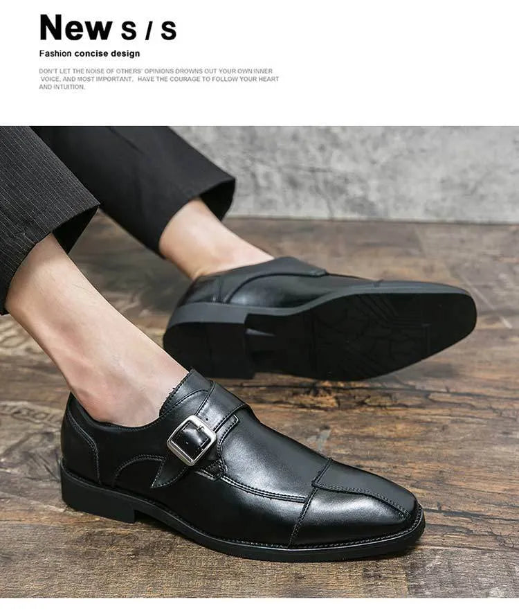 Men's brown blue retro buckle casual shoes with tall crown microfiber upper